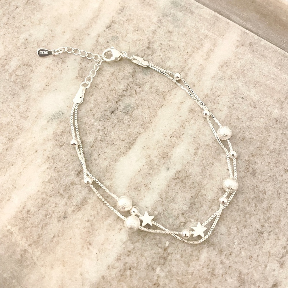 925 Sterling Silver Star Bracelet Silver Bead Bracelet Dainty Silver Bracelet - Picture 1 of 4